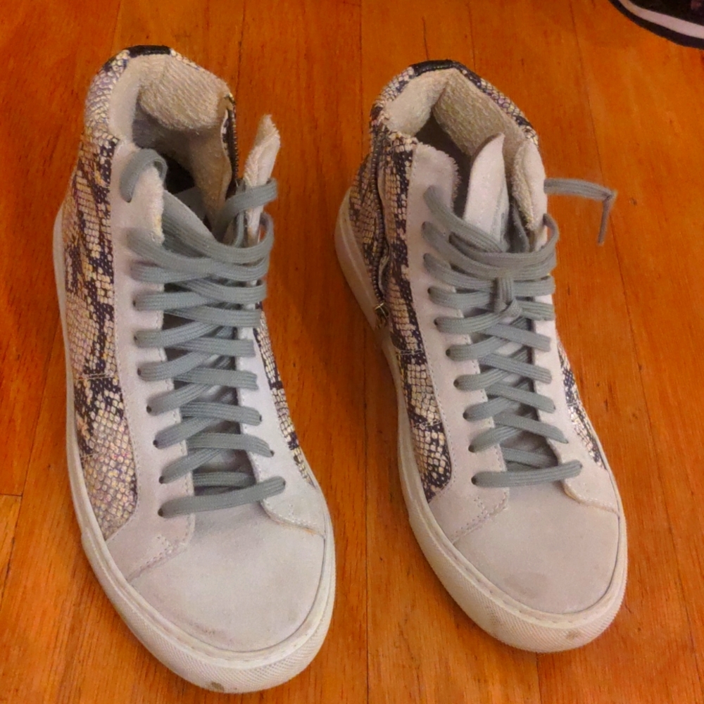 P448 Women's High-Top Sneakers in Light Gray with Snake-Print Panels EU 39